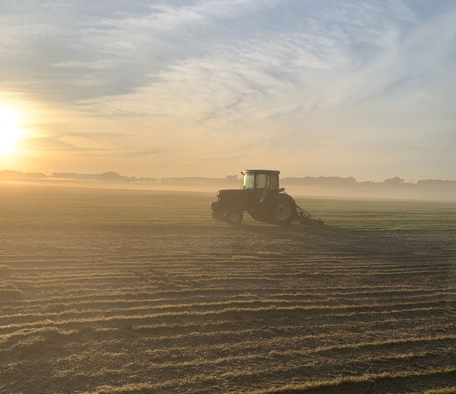 Picture of a tractor in the sunrise on Norfleet Sod Farm
